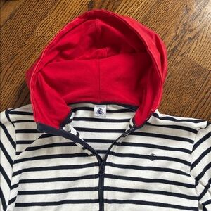 Petit Bateau 
Navy Blue and White Striped Hoodie with Red Hood
Boys Size 12